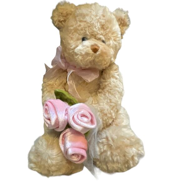 9" Gund Teddy Bear Plush Bear Stuffed Animal Roses Ribbon Nursery Baby Shower - Picture 3 of 12